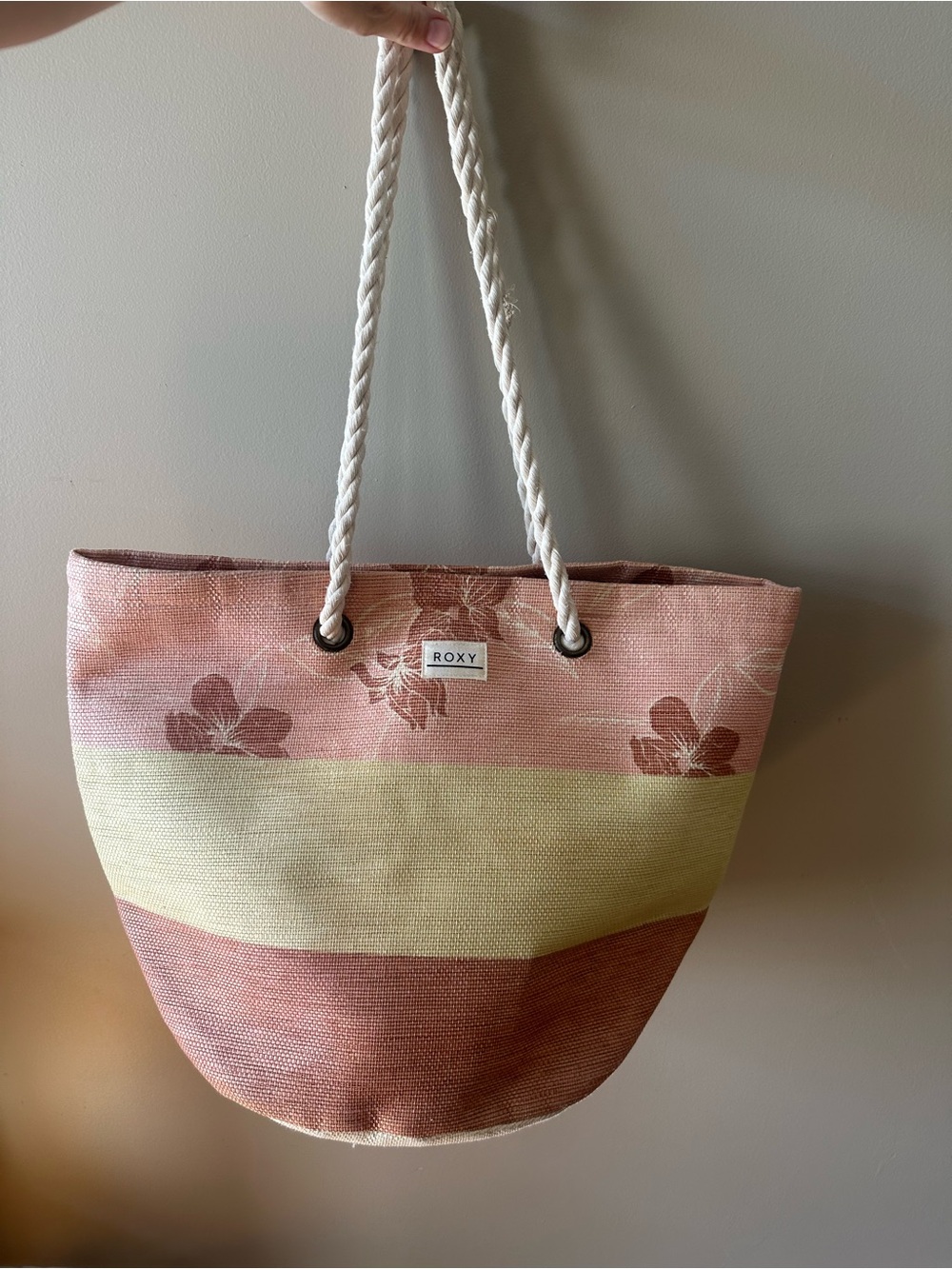 Roxy Pink, Cream & Brown Floral Stripe Rope Tote beach bag